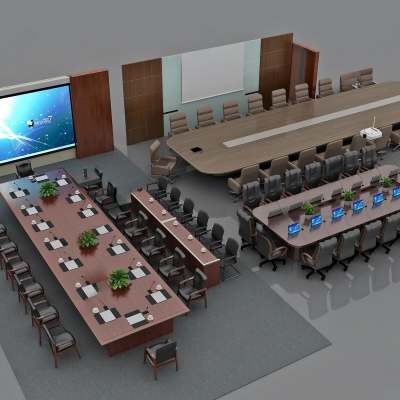 现代会议室办公桌椅组合3D模型下载