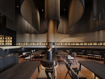 现代黑色西餐厅 异型吊灯 餐桌椅组合