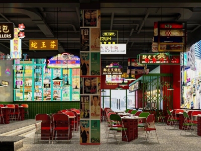 现代港式复古茶餐厅 大排档 霓虹灯 收银台 餐桌椅 卡座区 饭店 港式背景